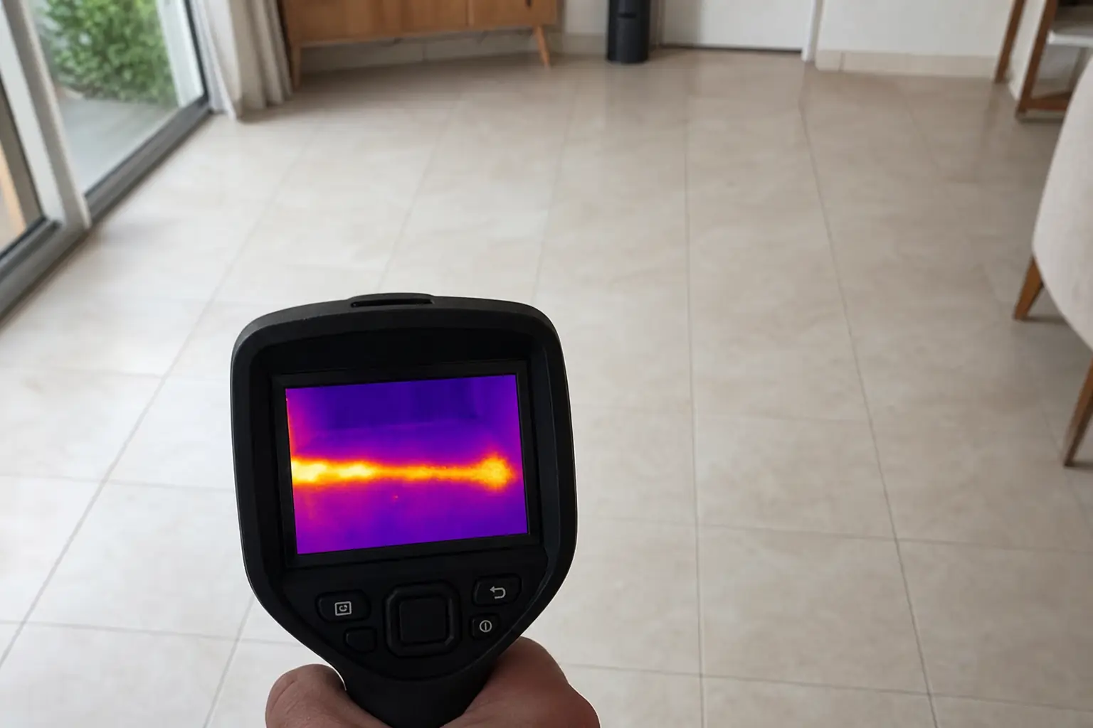 Caméra thermique tenue face à un carrelage de séjour, trace chaude allongée visible sur l'écran de l'appareil