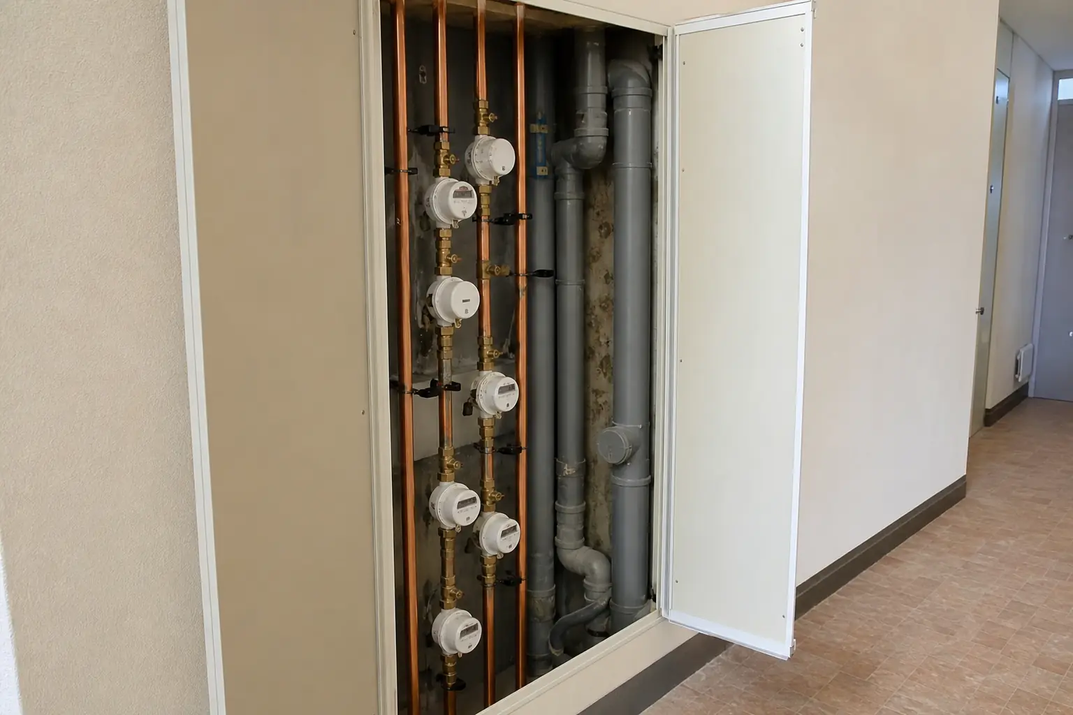 Gaine technique ouverte dans un couloir d'immeuble, colonnes de canalisations et compteurs individuels alignés