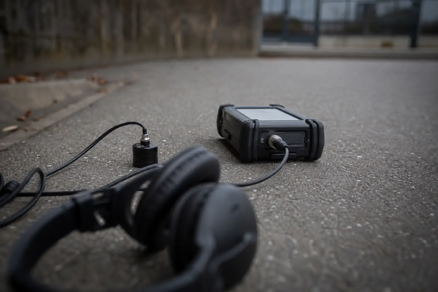 Micro de sol magnétique posé sur un enrobé de trottoir, casque d'écoute au premier plan