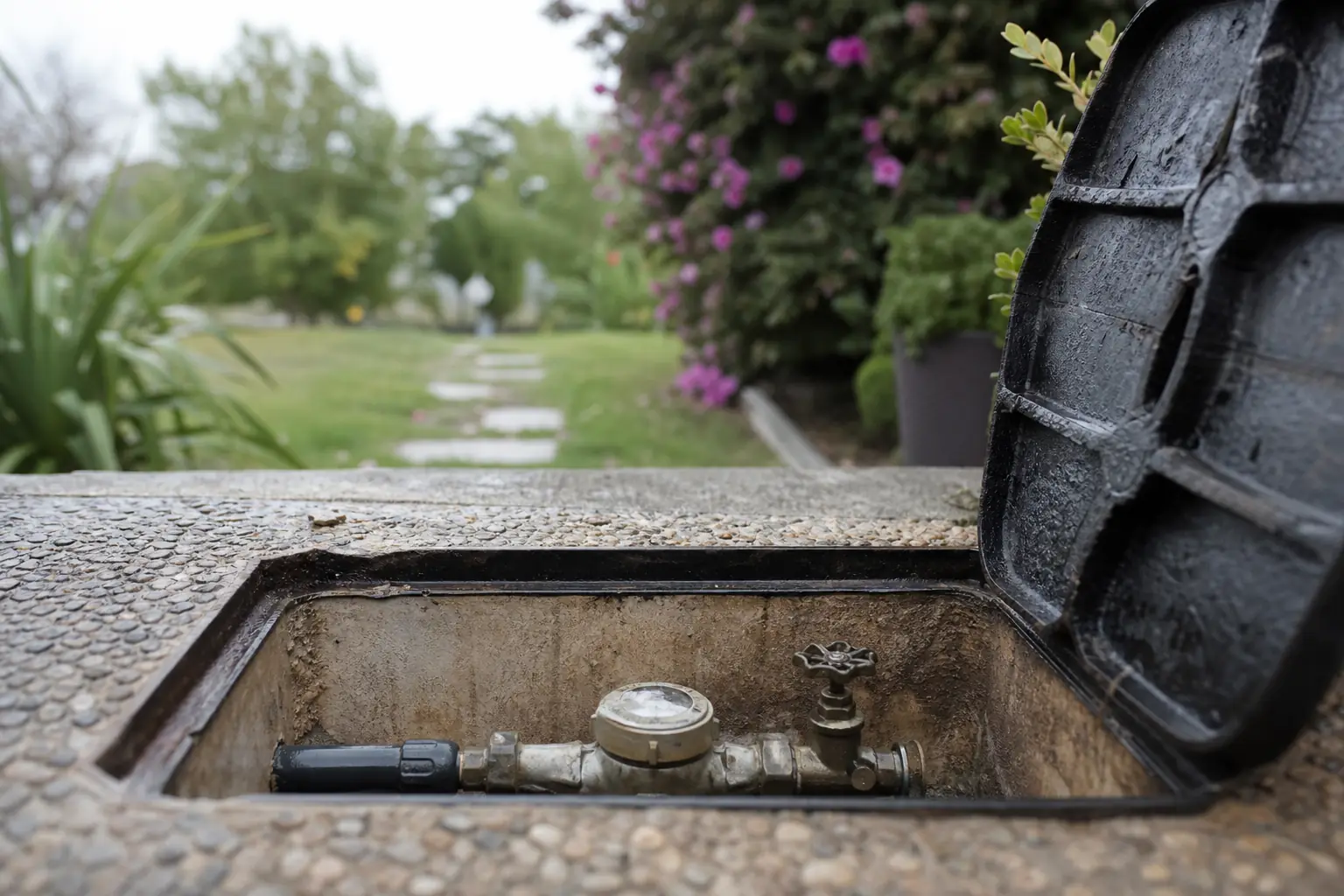 Regard de compteur d'eau ouvert en limite de propriété, tampon de fonte relevé, canalisation visible au fond